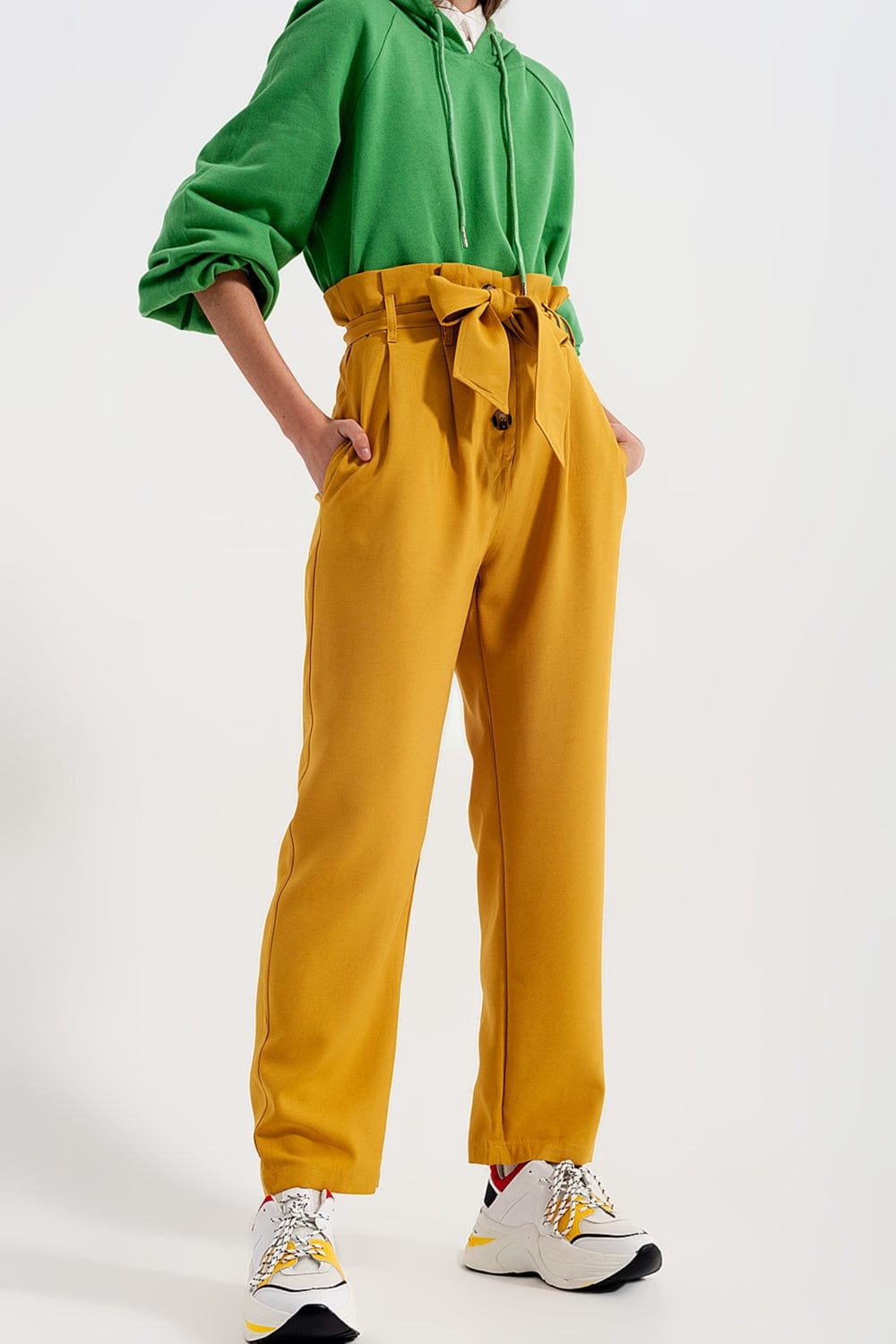 Q2 Women's Pants & Trousers High Waist Belted Paperbag Trousers in Yellow