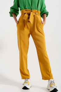 Q2 Women's Pants & Trousers High Waist Belted Paperbag Trousers in Yellow