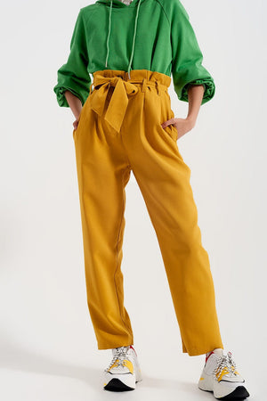 Q2 Women's Pants & Trousers High Waist Belted Paperbag Trousers in Yellow