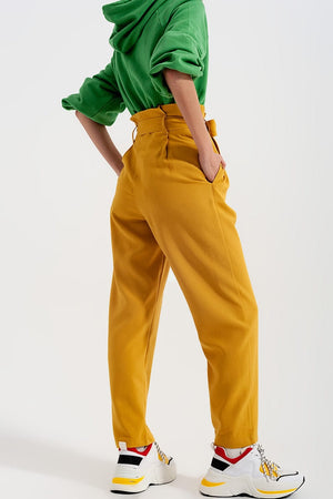 Q2 Women's Pants & Trousers High Waist Belted Paperbag Trousers in Yellow