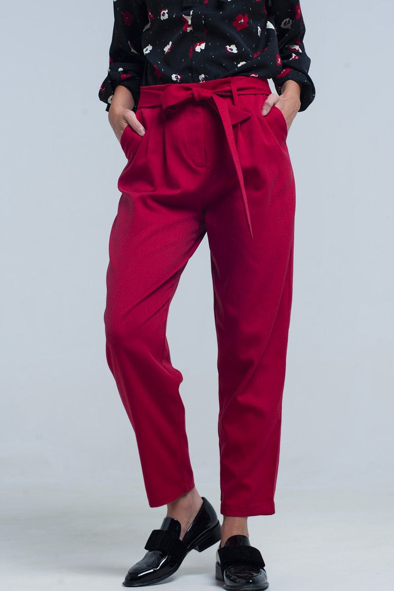 Q2 Women's Pants & Trousers High Waist Red Pants with Belt