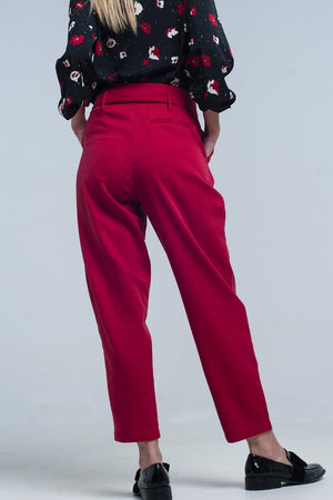 Q2 Women's Pants & Trousers High Waist Red Pants with Belt