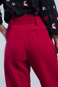 Q2 Women's Pants & Trousers High Waist Red Pants with Belt