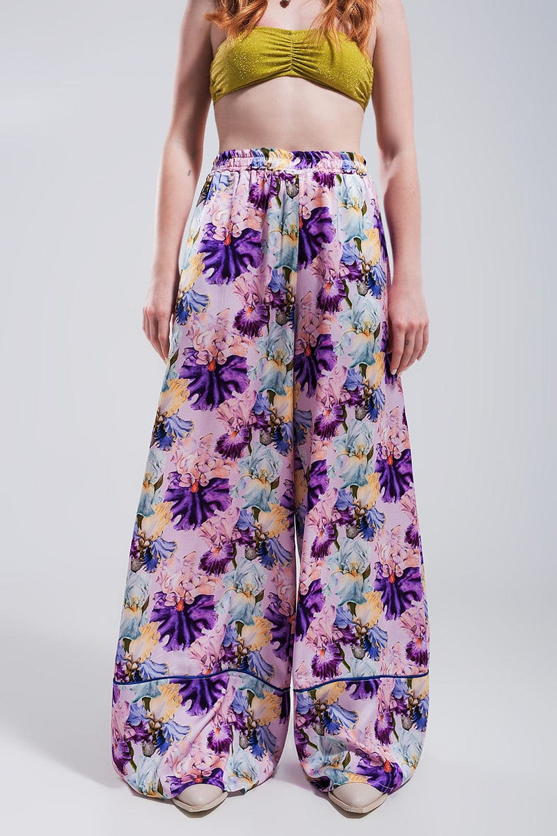 Q2 Women's Pants & Trousers High Waisted Satin Wide Leg Pants in Purple Floral