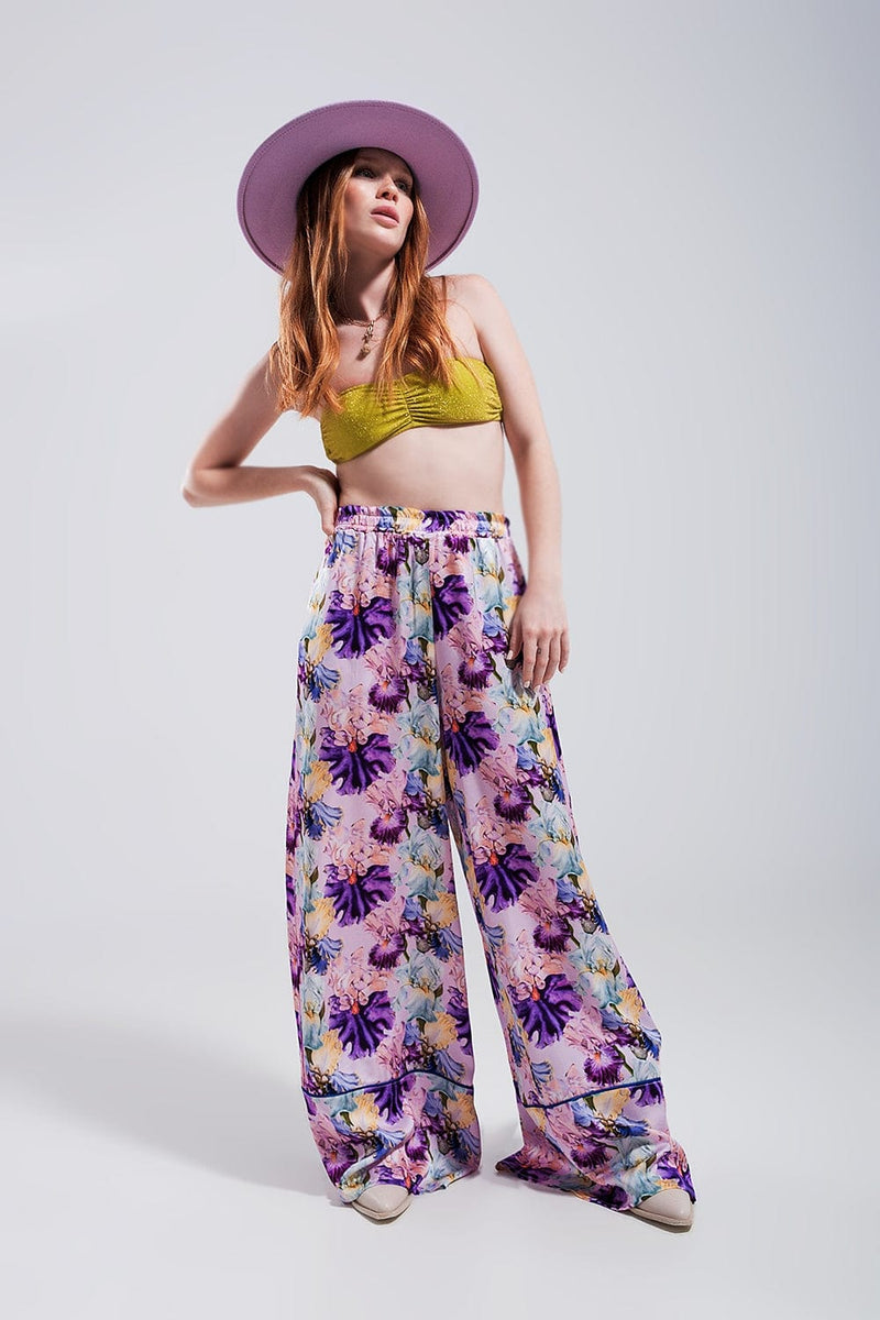 Q2 Women's Pants & Trousers High Waisted Satin Wide Leg Pants in Purple Floral