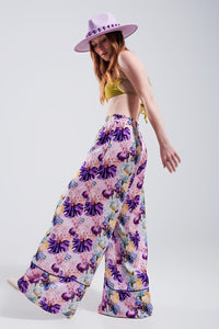Q2 Women's Pants & Trousers High Waisted Satin Wide Leg Pants in Purple Floral