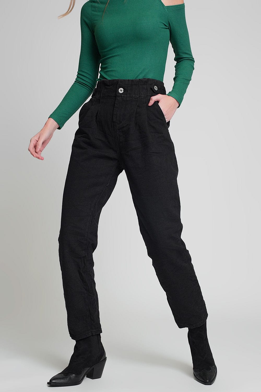 Q2 Women's Pants & Trousers Jeans with Paper Bag Waist and Button Details in Black