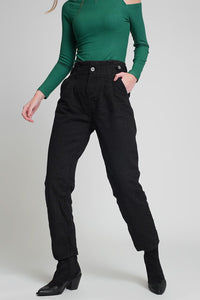 Q2 Women's Pants & Trousers Jeans with Paper Bag Waist and Button Details in Black