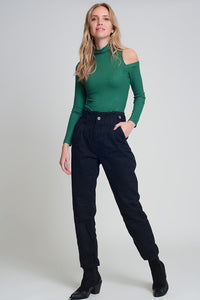 Q2 Women's Pants & Trousers Jeans with Paper Bag Waist and Button Details in Black