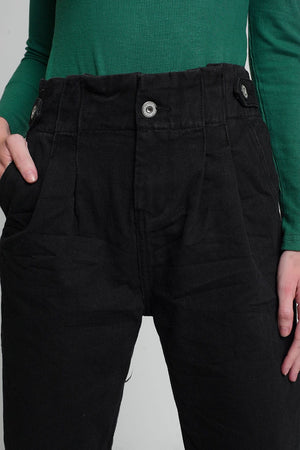 Q2 Women's Pants & Trousers Jeans with Paper Bag Waist and Button Details in Black