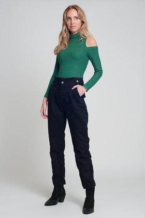 Q2 Women's Pants & Trousers Jeans with Paper Bag Waist and Button Details in Black