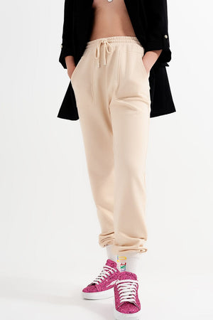 Q2 Women's Pants & Trousers Joggers with Elastic Waist Band in Beige