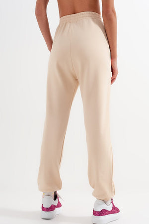 Q2 Women's Pants & Trousers Joggers with Elastic Waist Band in Beige