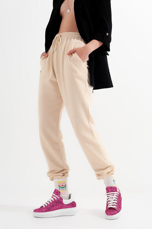 Q2 Women's Pants & Trousers Joggers with Elastic Waist Band in Beige