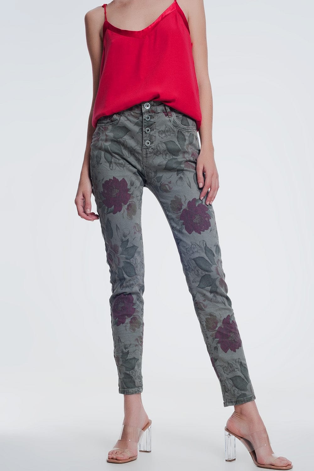 Q2 Women's Pants & Trousers Khaki boyfriend jeans with floral print