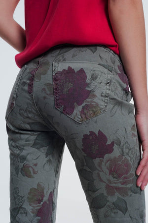 Q2 Women's Pants & Trousers Khaki boyfriend jeans with floral print