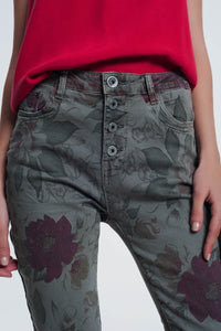 Q2 Women's Pants & Trousers Khaki boyfriend jeans with floral print