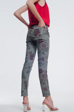 Q2 Women's Pants & Trousers Khaki boyfriend jeans with floral print