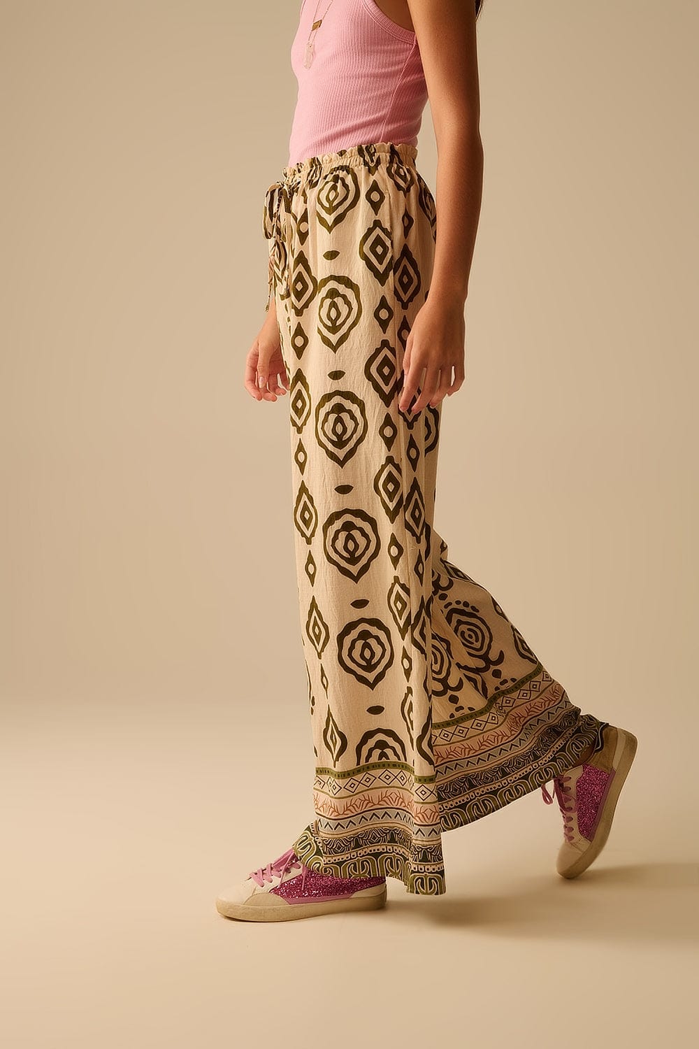 Q2 Women's Pants & Trousers Khaki Wide Leg Boho Print Pants