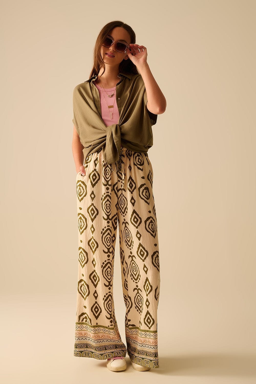 Q2 Women's Pants & Trousers Khaki Wide Leg Boho Print Pants
