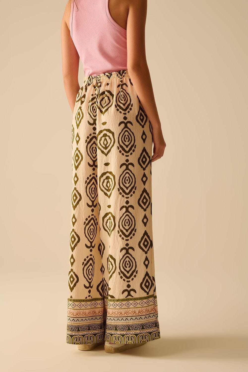 Q2 Women's Pants & Trousers Khaki Wide Leg Boho Print Pants