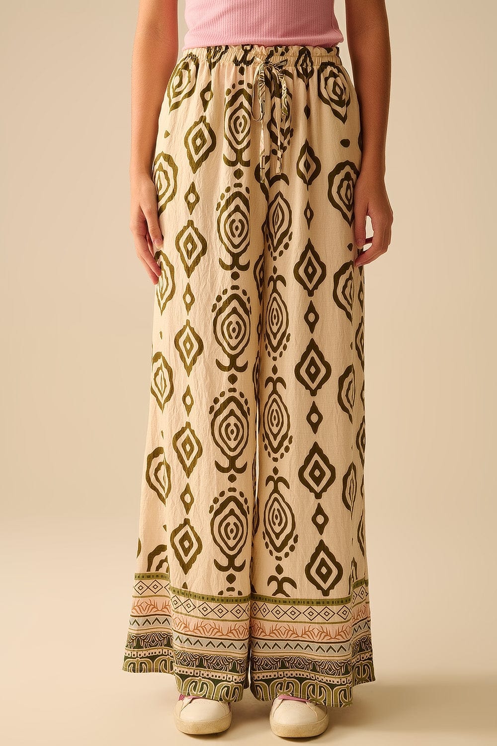 Q2 Women's Pants & Trousers Khaki Wide Leg Boho Print Pants