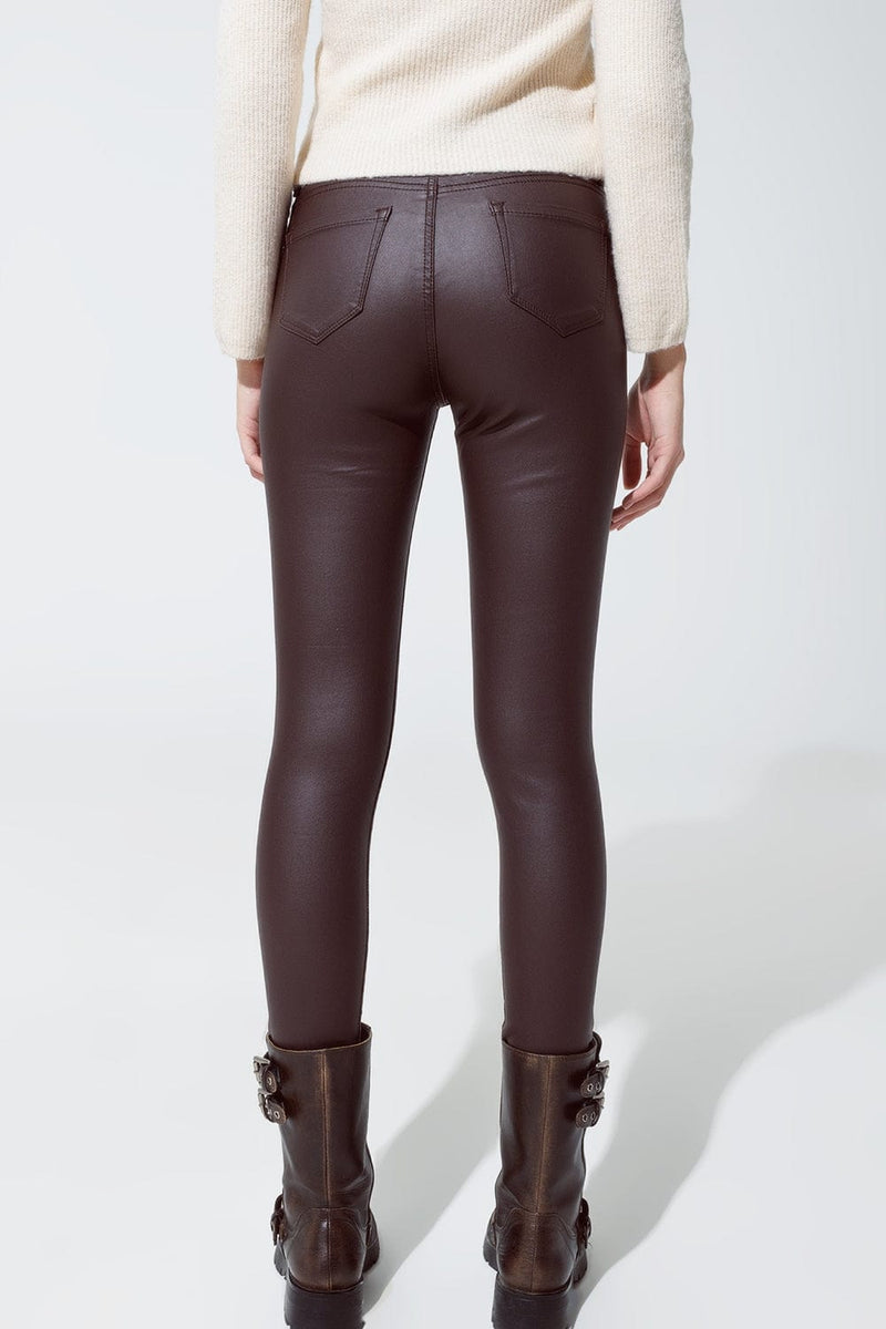 Q2 Women's Pants & Trousers Leatherette Effect Super Skinny Pants In Dark Brown