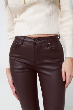 Q2 Women's Pants & Trousers Leatherette Effect Super Skinny Pants In Dark Brown