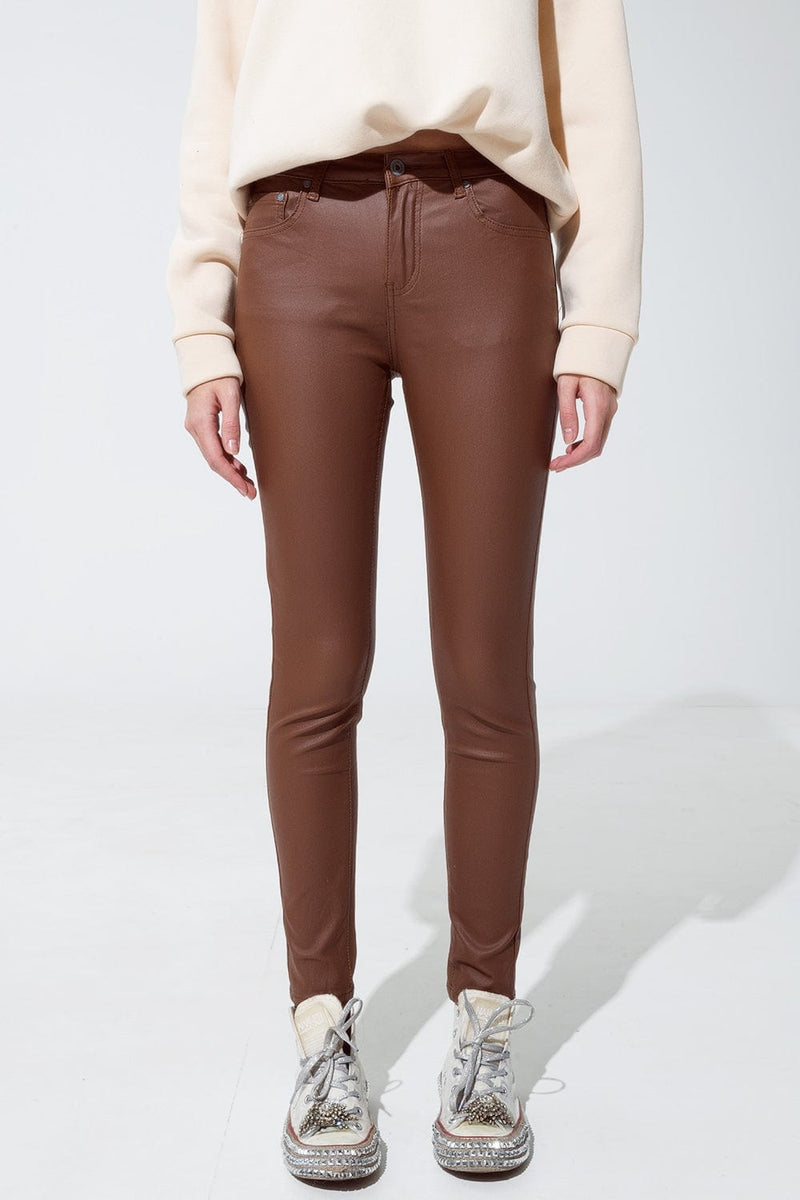 Q2 Women's Pants & Trousers Leatherette Effect Super Skinny Pants In Light Brown