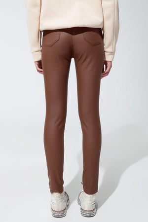 Q2 Women's Pants & Trousers Leatherette Effect Super Skinny Pants In Light Brown