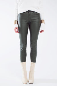 Q2 Women's Pants & Trousers Leatherette Effect Super Skinny Pants In Olive Green