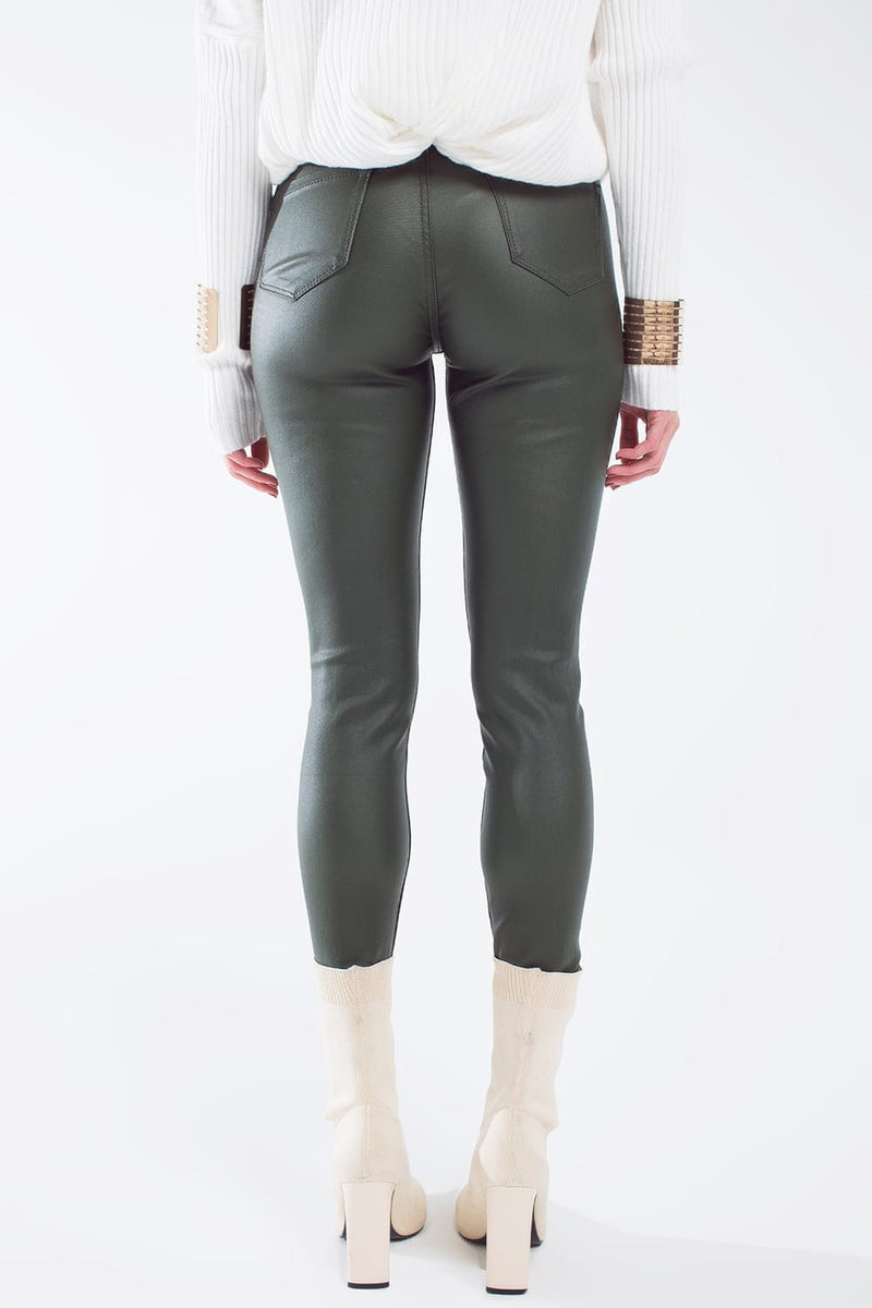 Q2 Women's Pants & Trousers Leatherette Effect Super Skinny Pants In Olive Green