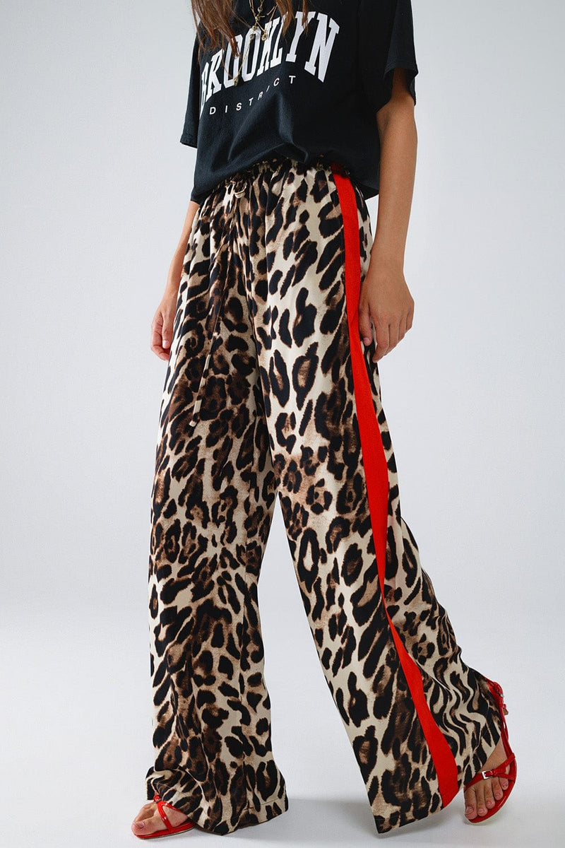 Q2 Women's Pants & Trousers Leopard Straight Pants With Red Stripes Down The Sides