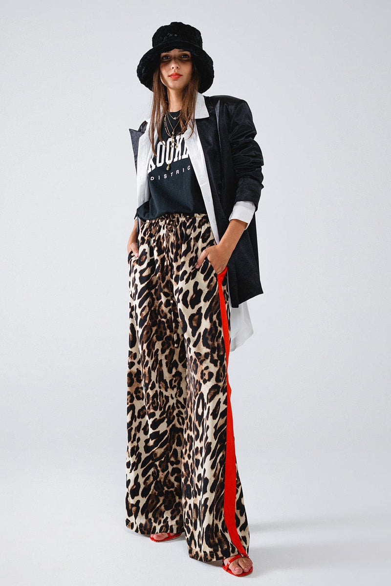 Q2 Women's Pants & Trousers Leopard Straight Pants With Red Stripes Down The Sides