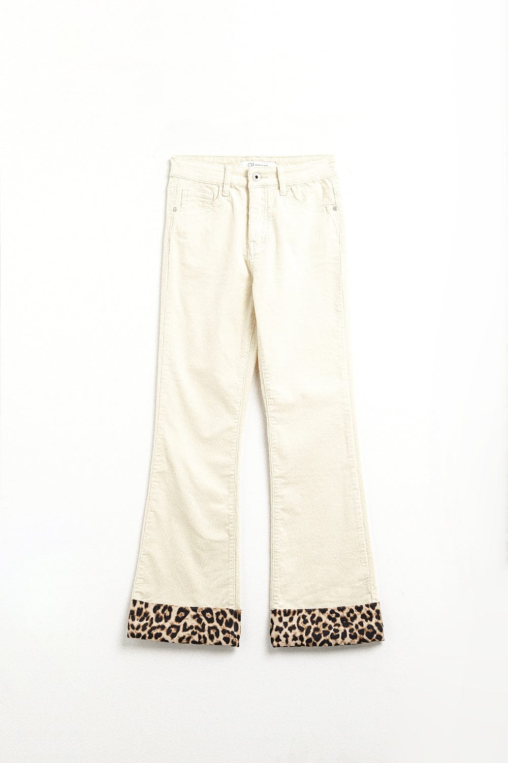 Q2 Women's Pants & Trousers Light Beige Corduroy Flare Pants With Leopard Print At The Bottom