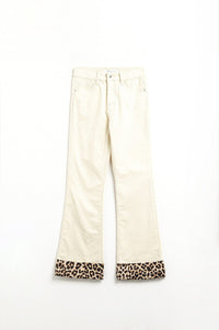 Q2 Women's Pants & Trousers Light Beige Corduroy Flare Pants With Leopard Print At The Bottom