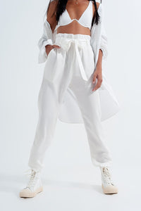 Q2 Women's Pants & Trousers Lightweight Pants with Tie Waist in White