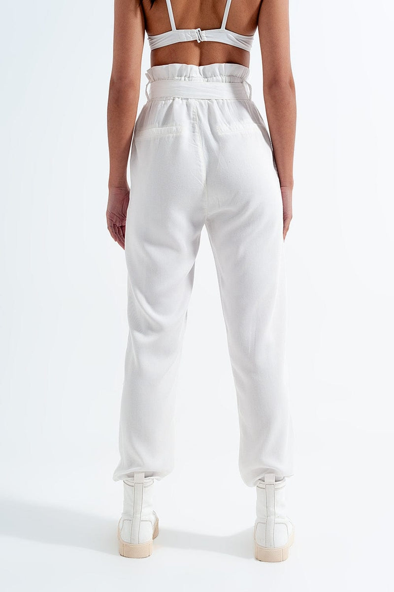 Q2 Women's Pants & Trousers Lightweight Pants with Tie Waist in White