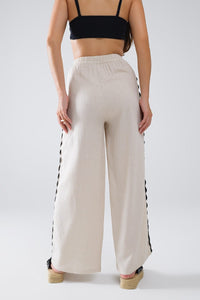 Q2 Women's Pants & Trousers Linen Contrast Scallop Trim Pants In Beige