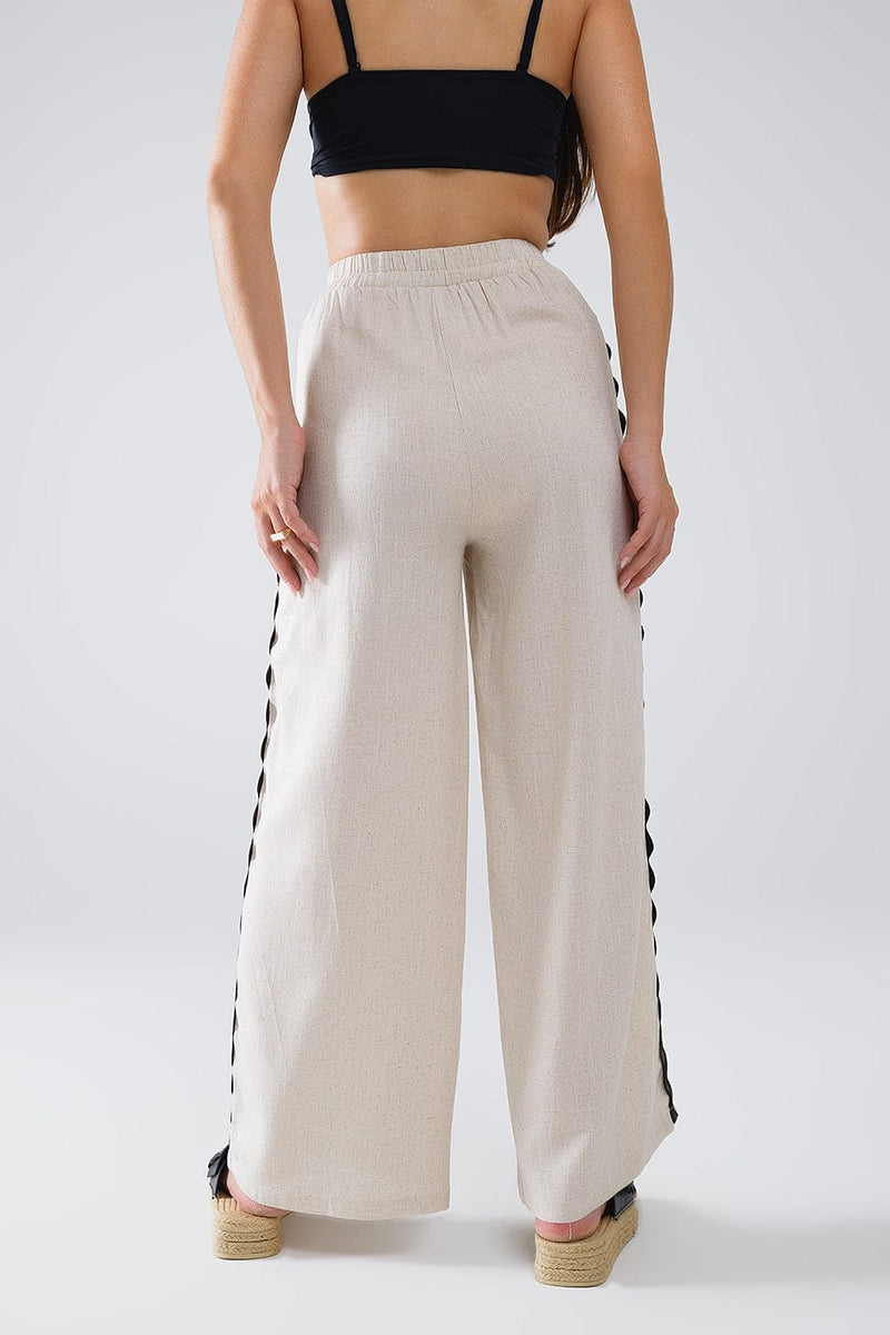 Q2 Women's Pants & Trousers Linen Contrast Scallop Trim Pants In Beige