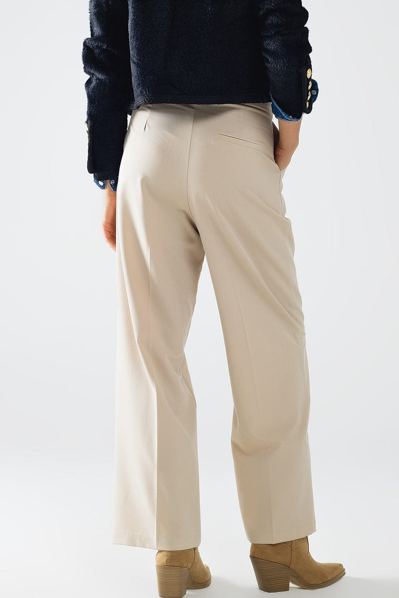 Q2 Women's Pants & Trousers Long Beige Pleated Trousers With Leopard Detail At The Waist