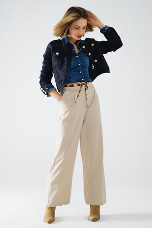 Q2 Women's Pants & Trousers Long Beige Pleated Trousers With Leopard Detail At The Waist