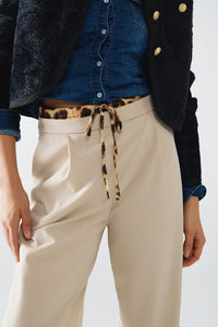 Q2 Women's Pants & Trousers Long Beige Pleated Trousers With Leopard Detail At The Waist