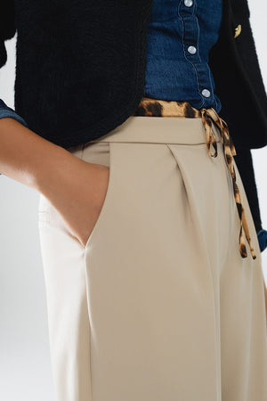 Q2 Women's Pants & Trousers Long Beige Pleated Trousers With Leopard Detail At The Waist