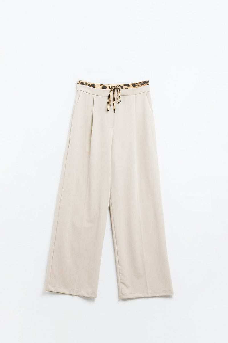 Q2 Women's Pants & Trousers Long Beige Pleated Trousers With Leopard Detail At The Waist