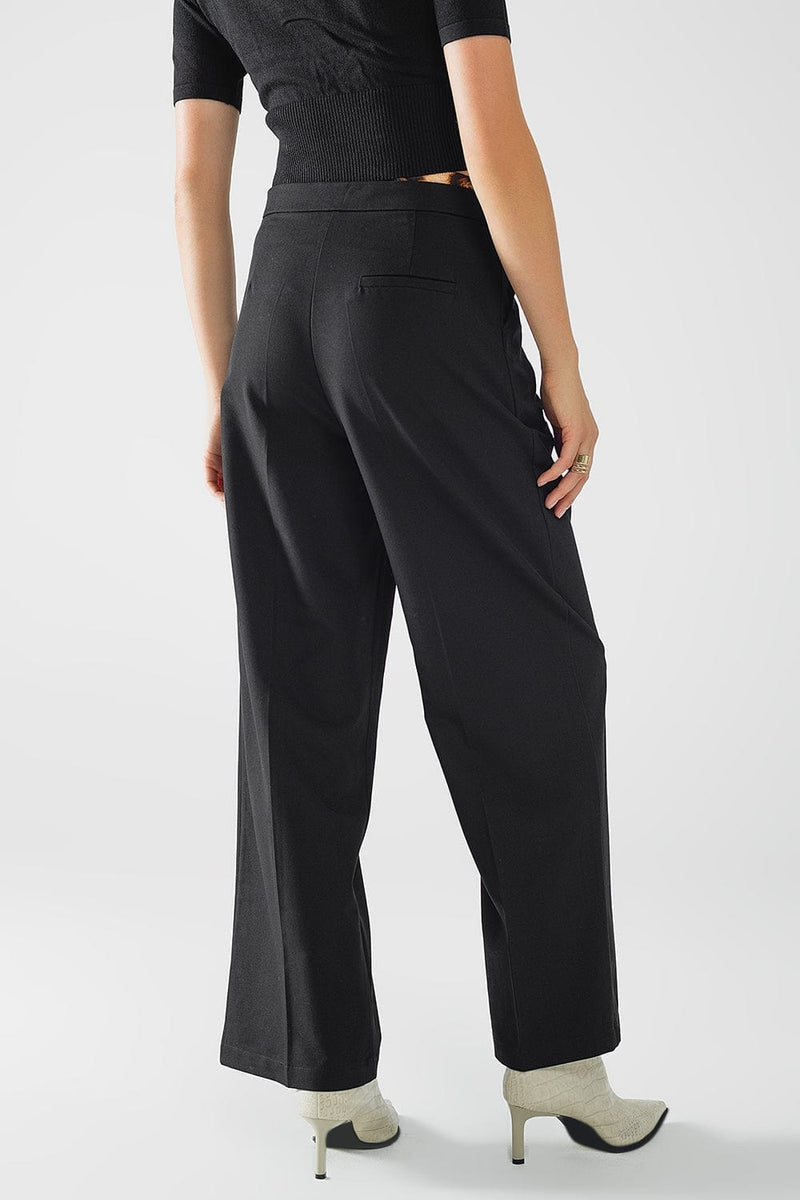 Q2 Women's Pants & Trousers Long Black Pleated Pants With Leopard Detail At The Waist