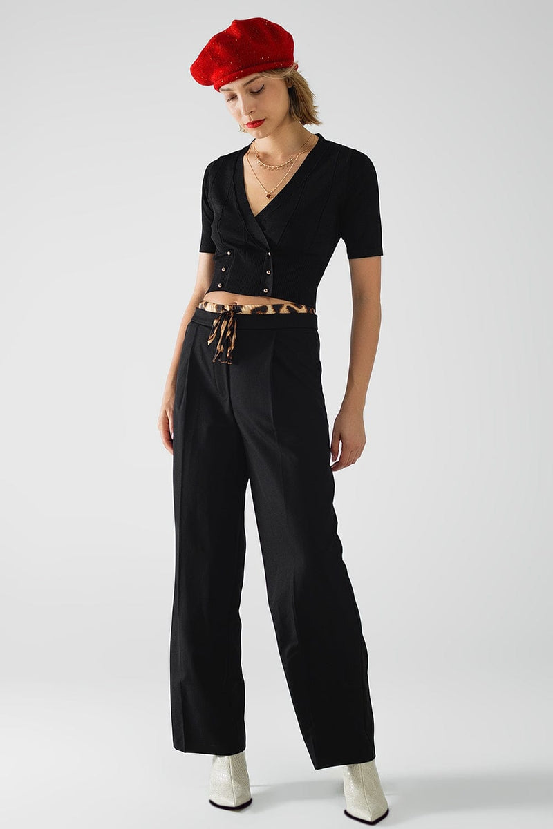 Q2 Women's Pants & Trousers Long Black Pleated Pants With Leopard Detail At The Waist