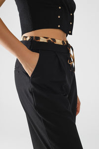 Q2 Women's Pants & Trousers Long Black Pleated Pants With Leopard Detail At The Waist