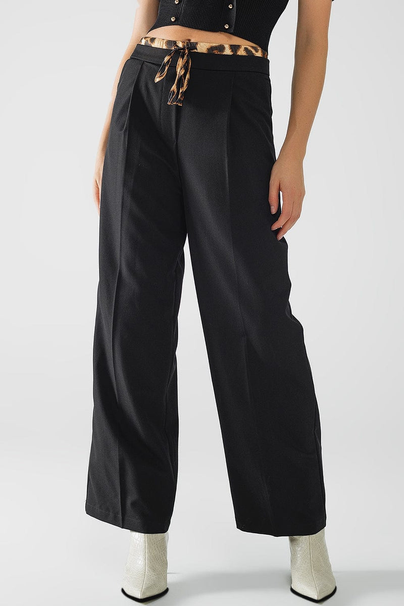 Q2 Women's Pants & Trousers Long Black Pleated Pants With Leopard Detail At The Waist