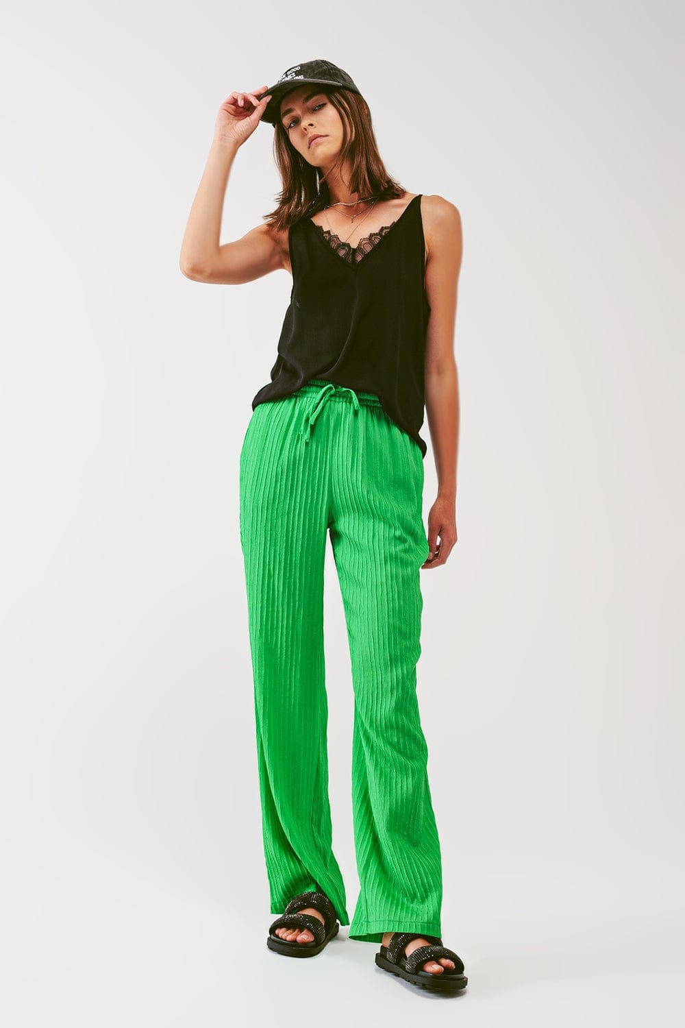 Q2 Women's Pants & Trousers Loose Fit Striped Pants in Green